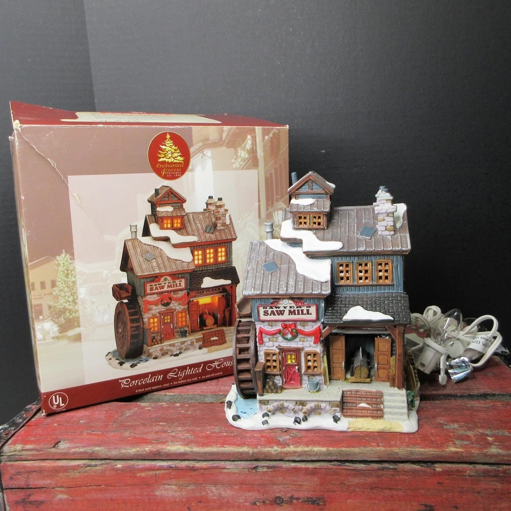Enchanted Forest Sawyer's Saw Mill Lighted Christmas Village House Porcelain